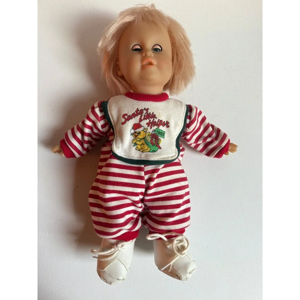 Vintage 1993 Santa's Little Helper Baby Doll Red Striped Sleeper 12 Inch
